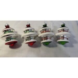 Lot of 4 radko shiny Brite silver/green/red torpedo topper UFO glass ornament